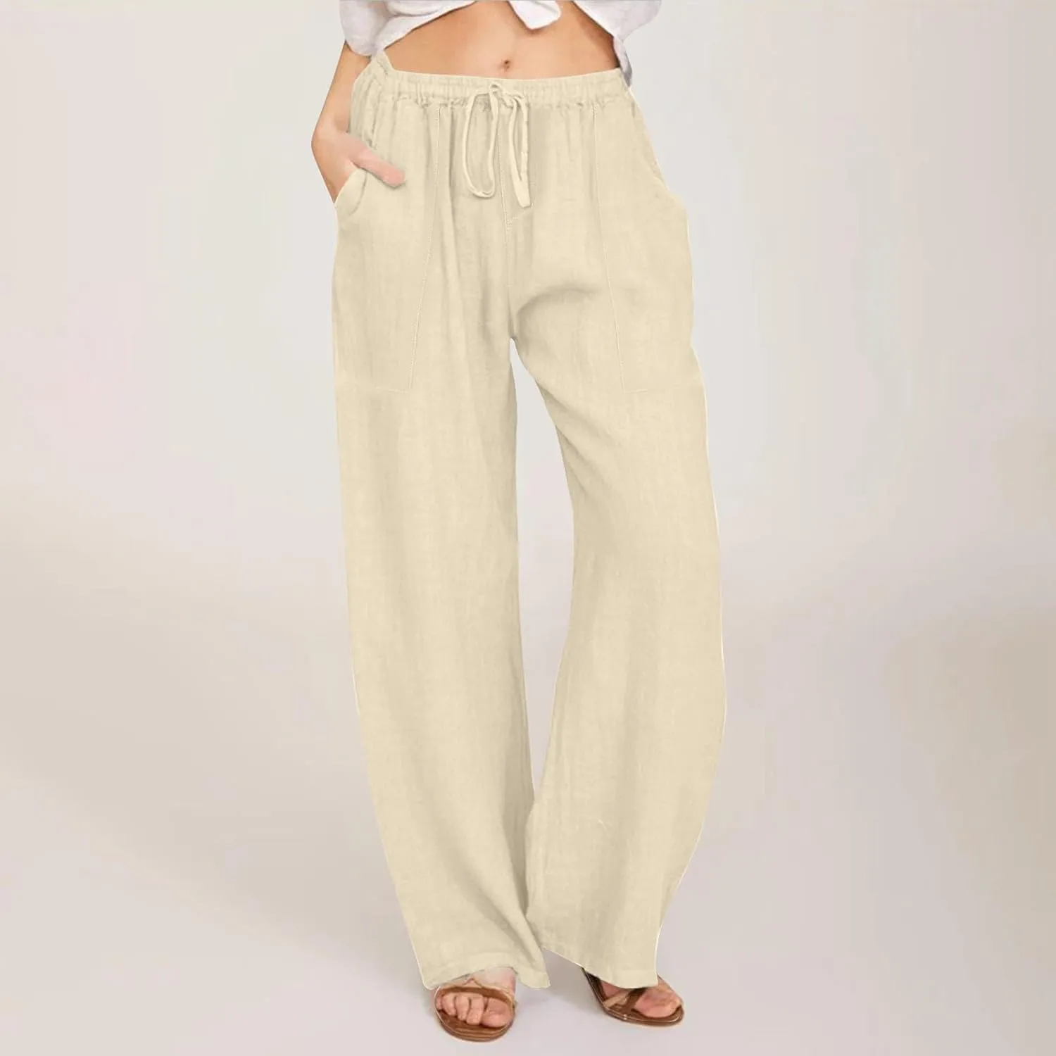 KUIOLYPOER Women's Cotton Linen Pants Summer Wide Leg Casual Loose Drawstring High Waist Palazzo Pants Trousers with Pockets