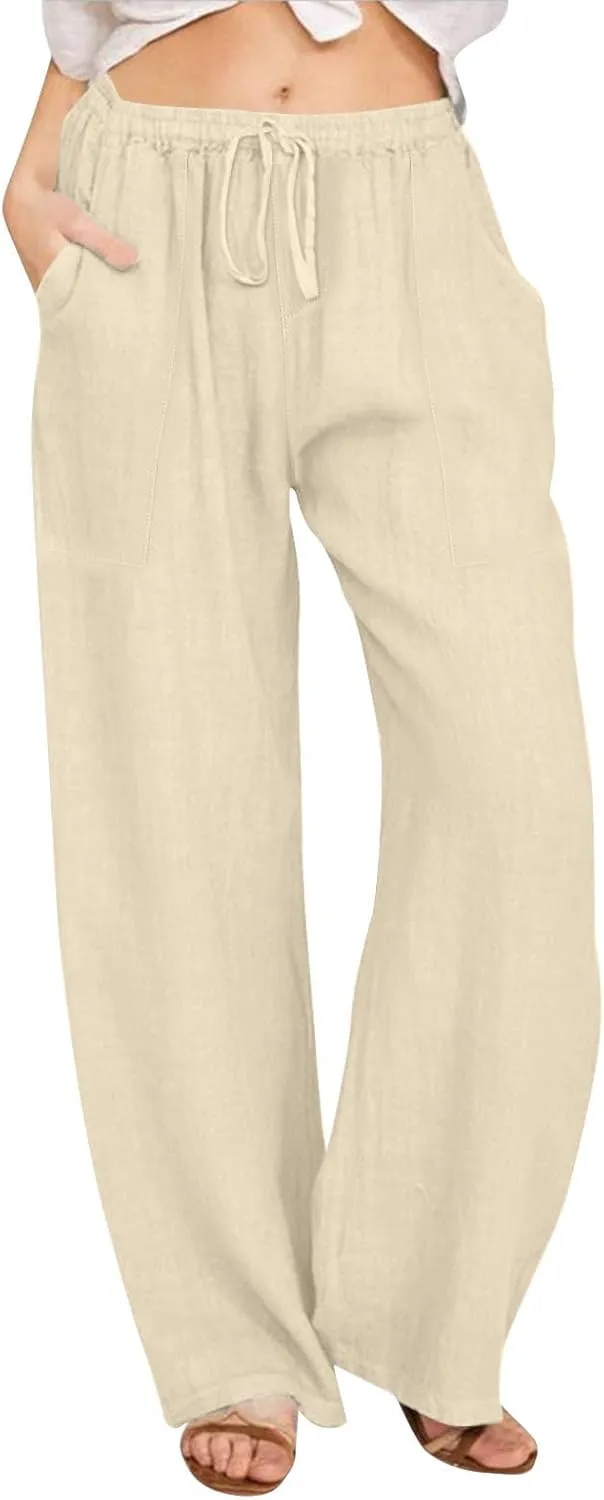 KUIOLYPOER Women's Cotton Linen Pants Summer Wide Leg Casual Loose Drawstring High Waist Palazzo Pants Trousers with Pockets