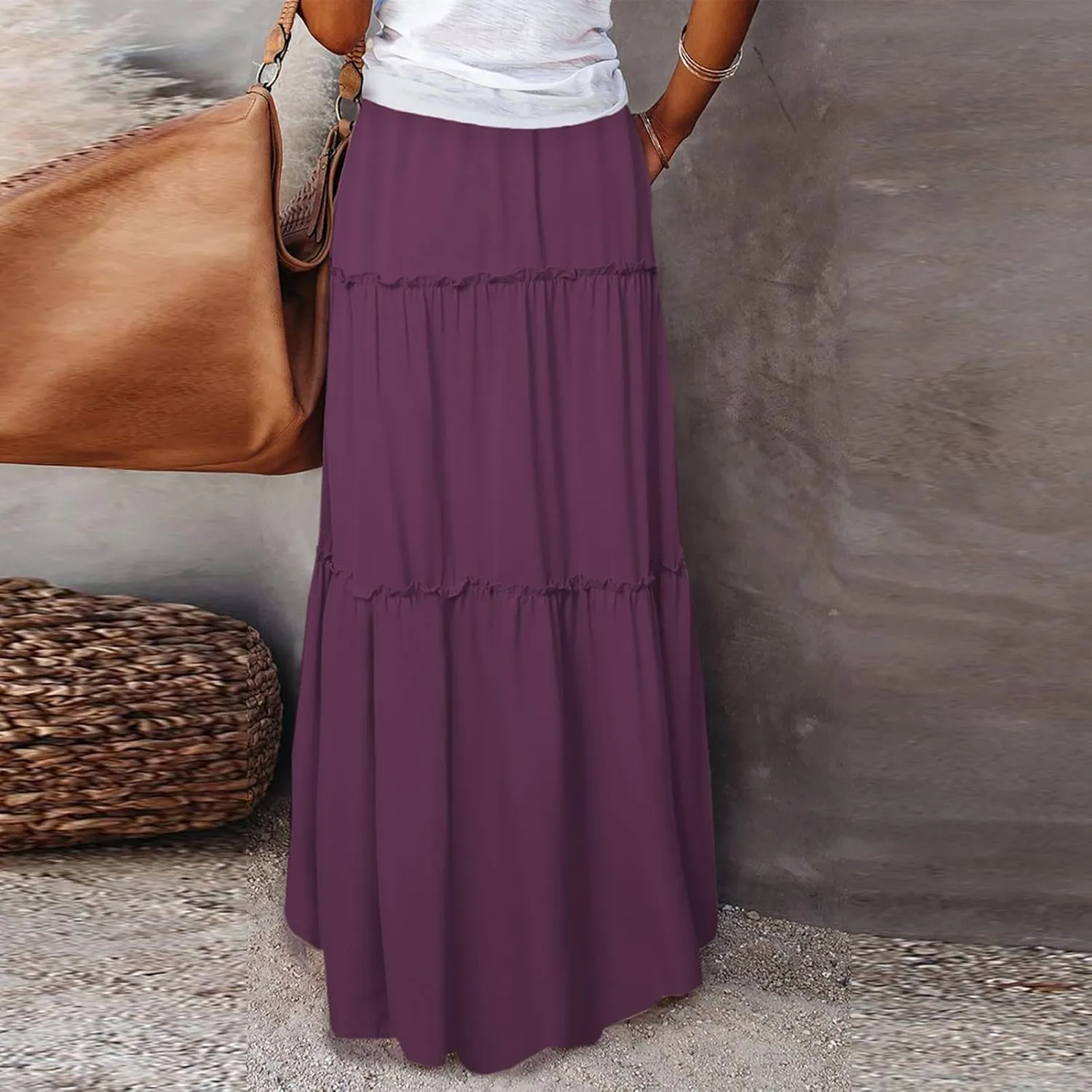 KUIOLYPOER Womens Floral Print Boho Maxi Skirt Elastic High Waist Pleated Ruffle Flowy Long Skirts Trendy Tiered Flowy Skirt