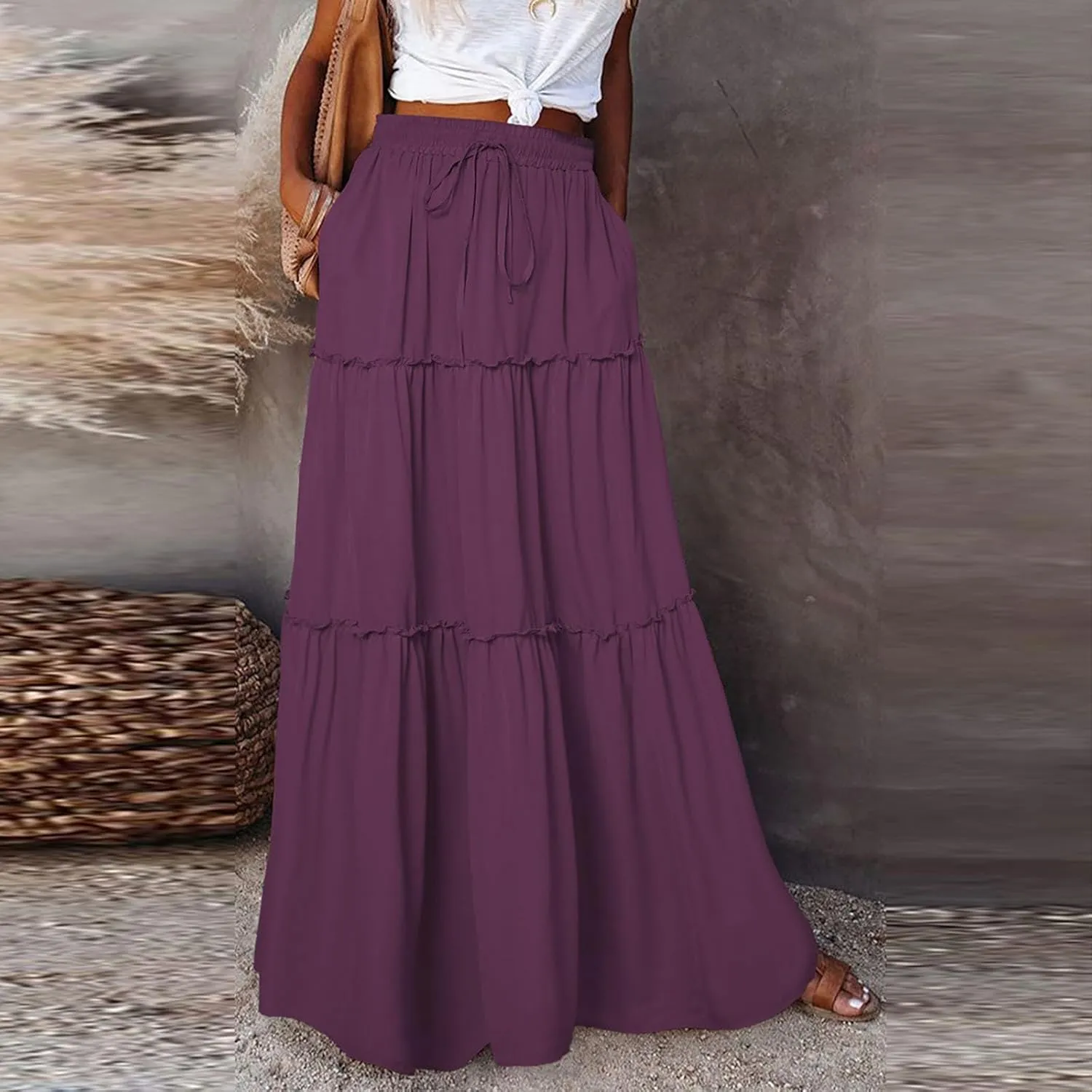 KUIOLYPOER Womens Floral Print Boho Maxi Skirt Elastic High Waist Pleated Ruffle Flowy Long Skirts Trendy Tiered Flowy Skirt