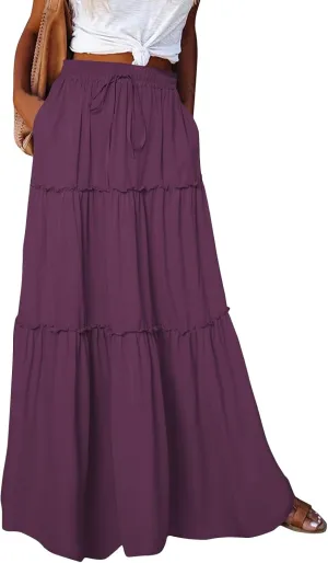 KUIOLYPOER Womens Floral Print Boho Maxi Skirt Elastic High Waist Pleated Ruffle Flowy Long Skirts Trendy Tiered Flowy Skirt