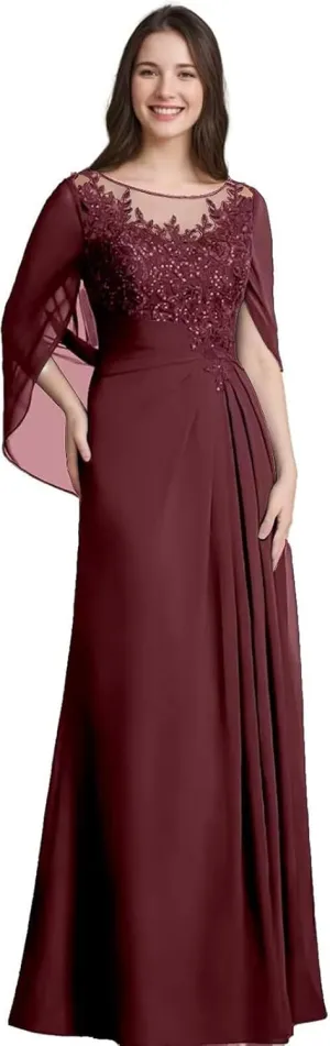 Lace Mother of The Bride Dresses for Wedding Long Ruched - Lace Formal Evening Dress with Cape Sleeve