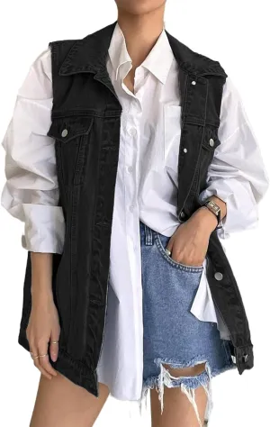 Lachmose Women for Jean Jackets Fashion Sleeveless Button Down Denim Jacket Western Shacket Jacket with Pockets