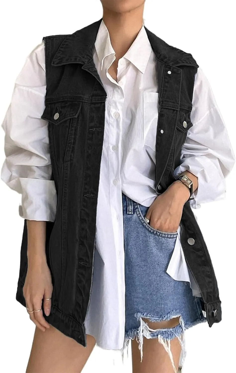 Lachmose Women for Jean Jackets Fashion Sleeveless Button Down Denim Jacket Western Shacket Jacket with Pockets