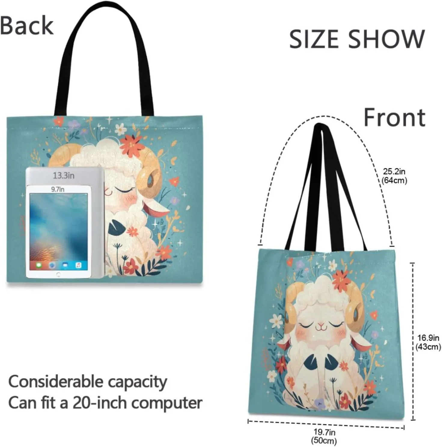 Large Canvas Tote Bag for Women - Durable Reusable Thick Cotton Shopper with Inner Zipper Pocket