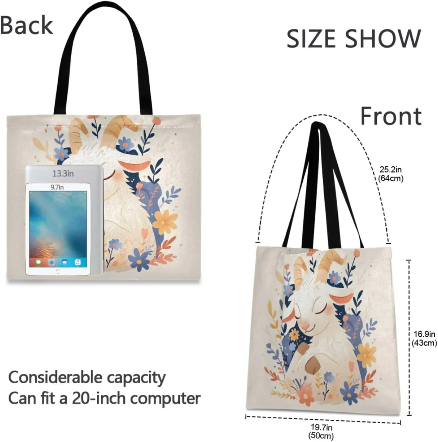 Large Canvas Tote Bag for Women - Durable Reusable Thick Cotton Shopper with Inner Zipper Pocket