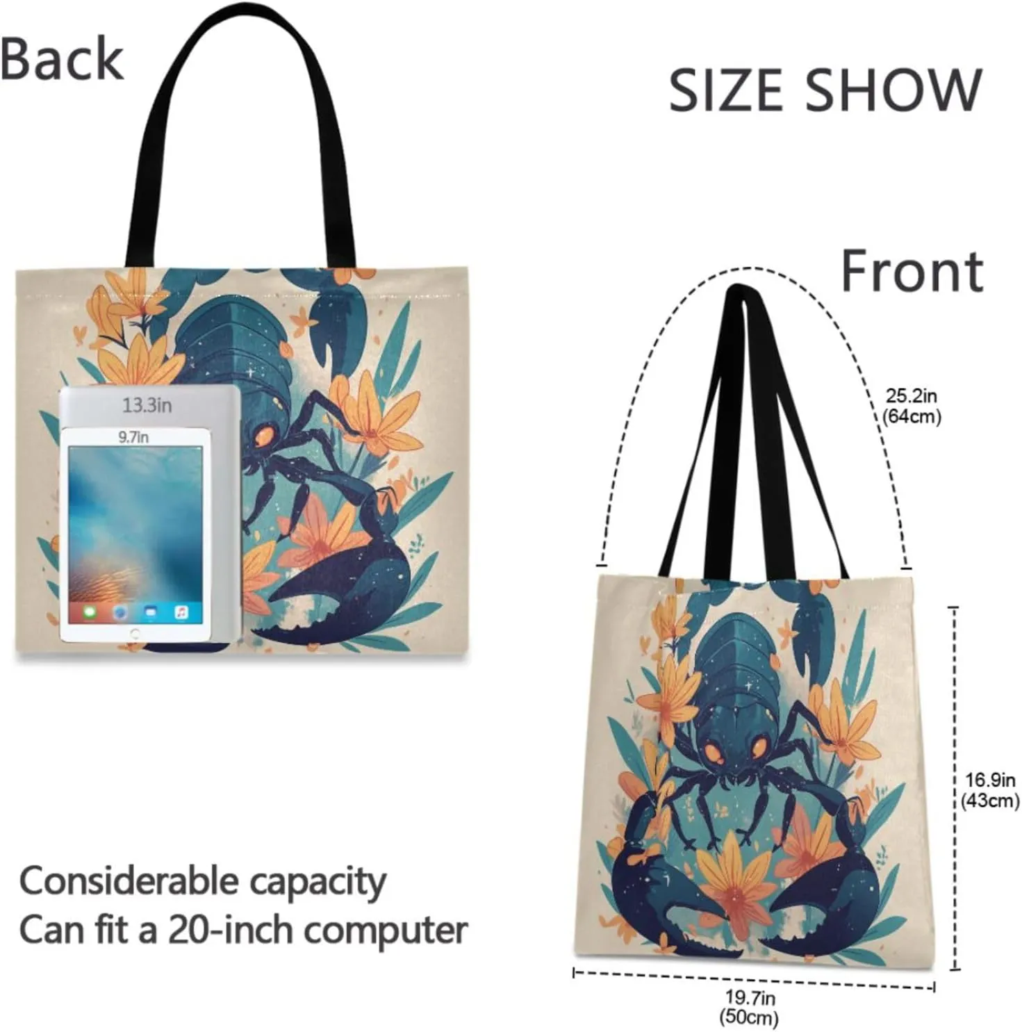 Large Canvas Tote Bag for Women - Durable Reusable Thick Cotton Shopper with Inner Zipper Pocket