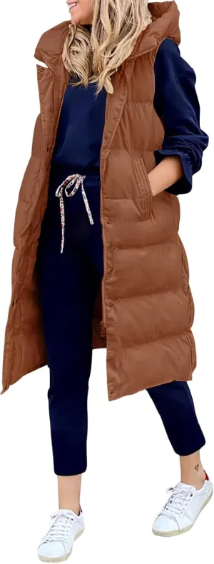 LEANI Womens Long Puffer Vest Full-Zip Hooded Sleeveless Jacket Coats with Pockets