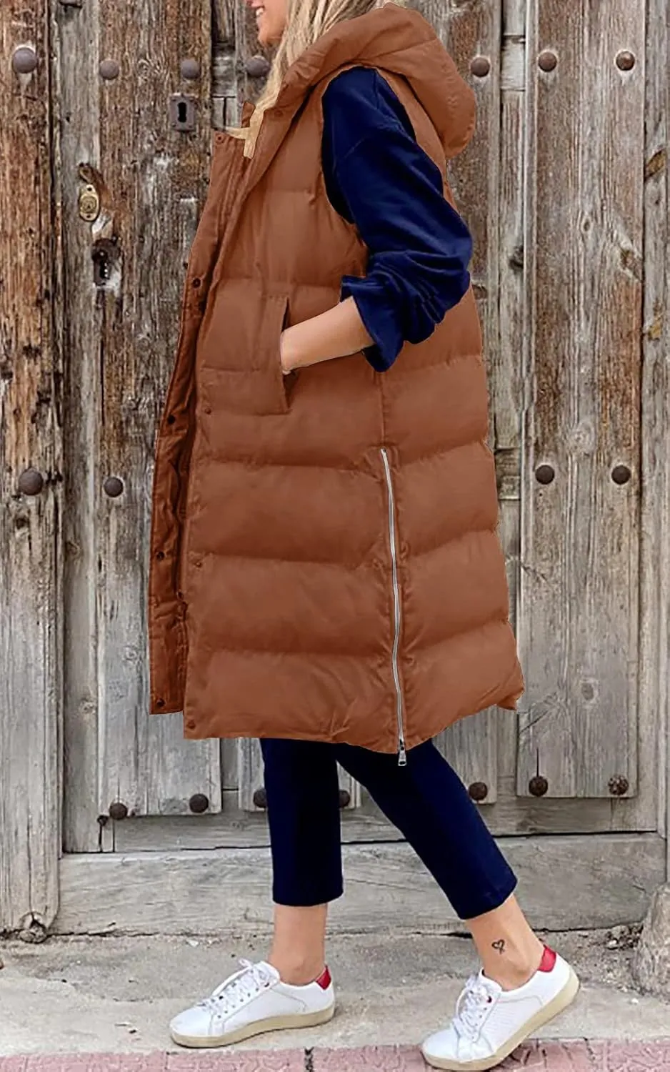 LEANI Womens Long Puffer Vest Full-Zip Hooded Sleeveless Jacket Coats with Pockets