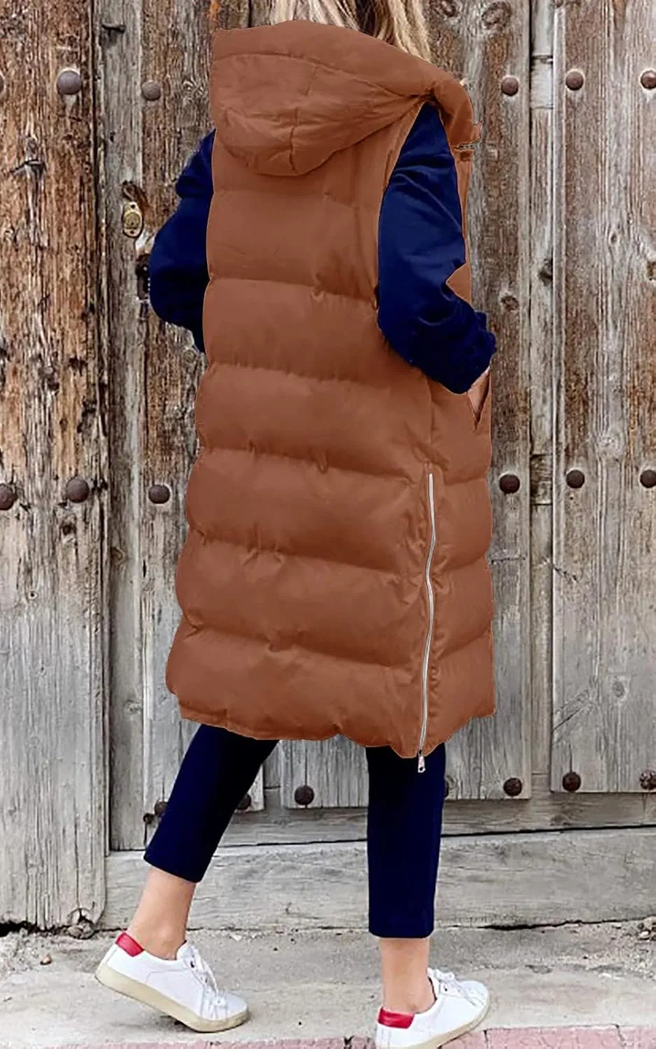 LEANI Womens Long Puffer Vest Full-Zip Hooded Sleeveless Jacket Coats with Pockets