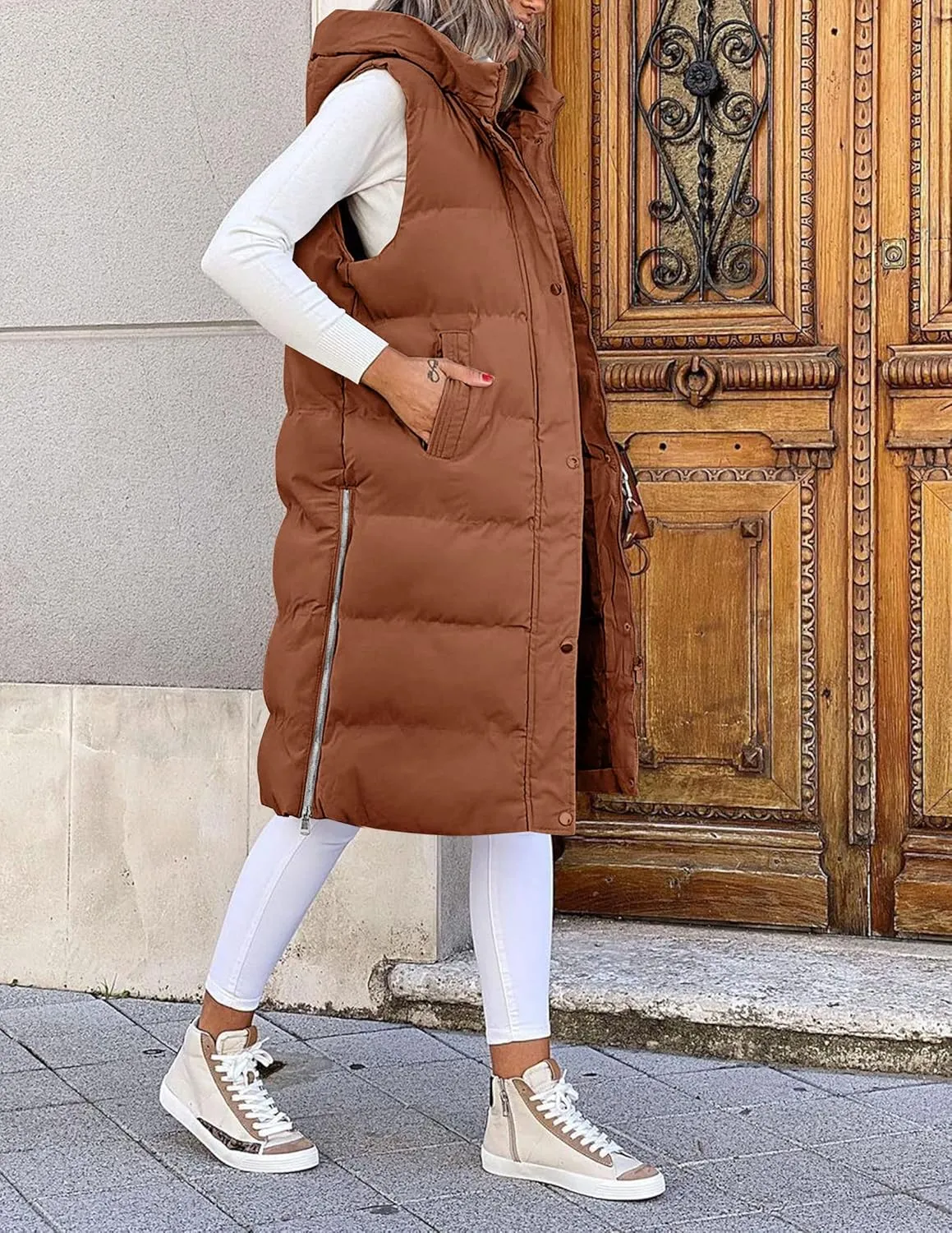LEANI Womens Long Puffer Vest Full-Zip Hooded Sleeveless Jacket Coats with Pockets