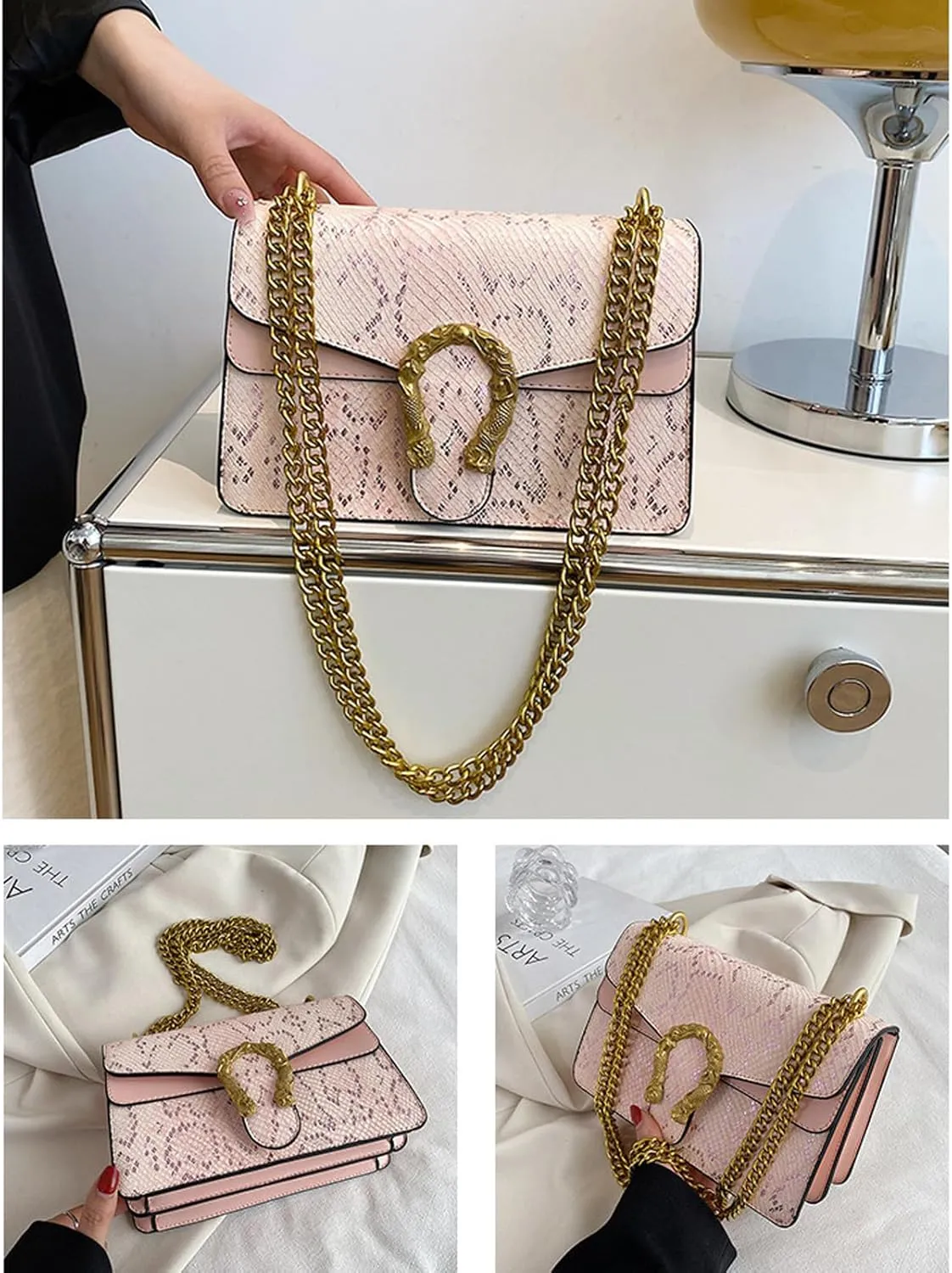 Leather Shoulder Bag Chain Satchel Purse for Women,Snake Print Crossbody Bag PU Leather Underarm Bag Square Handbag