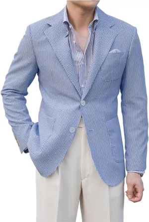 Leisure Seersucker Men Summer Suits Jacket Blue Formal Regular Fit Blazer Breathable Outfit