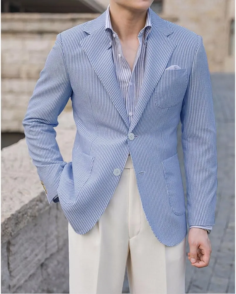 Leisure Seersucker Men Summer Suits Jacket Blue Formal Regular Fit Blazer Breathable Outfit