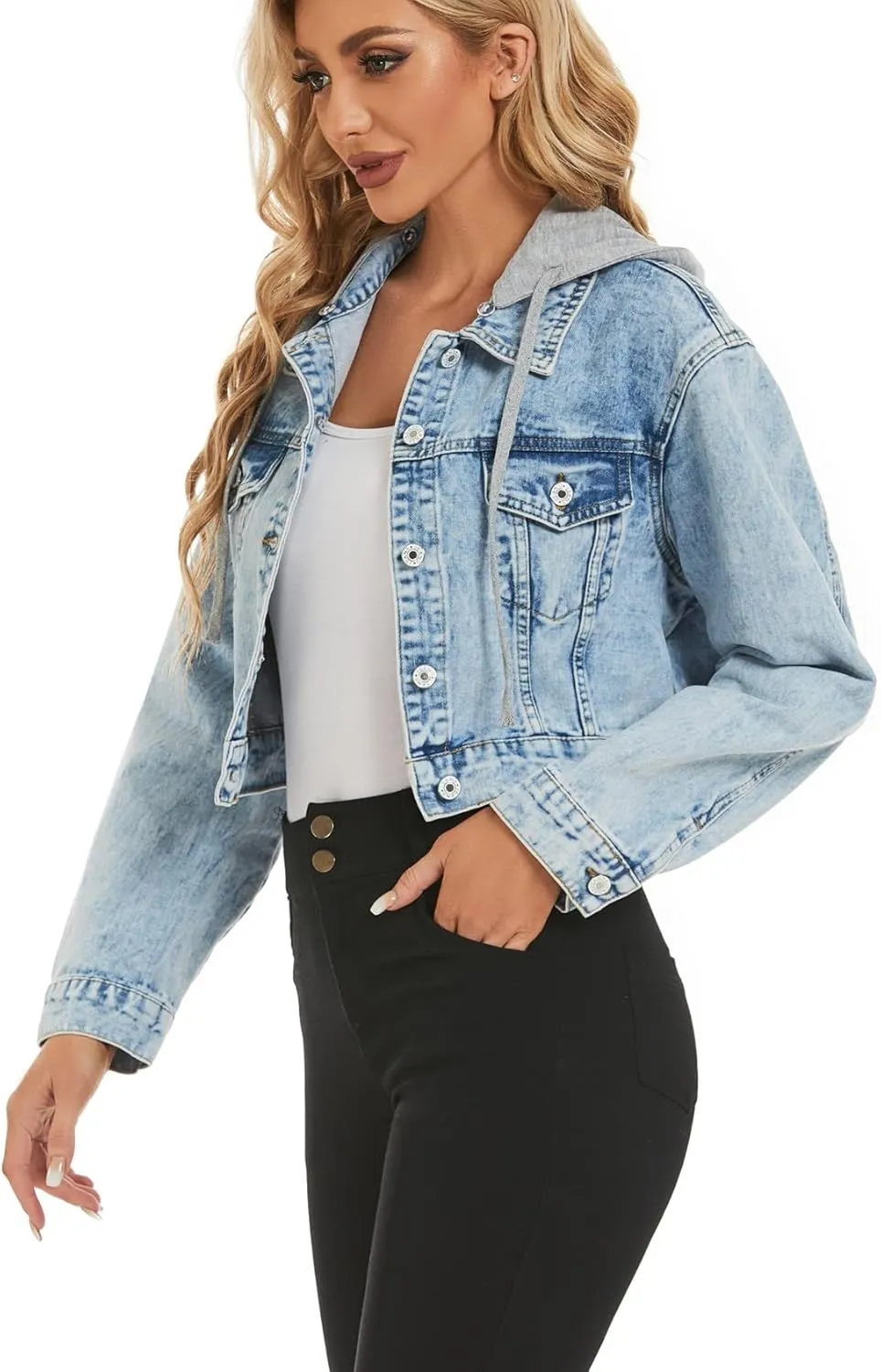 LifeShe Women Croped Denim Jacket Button Down Distressted Jean Jackets with Detachable Hood