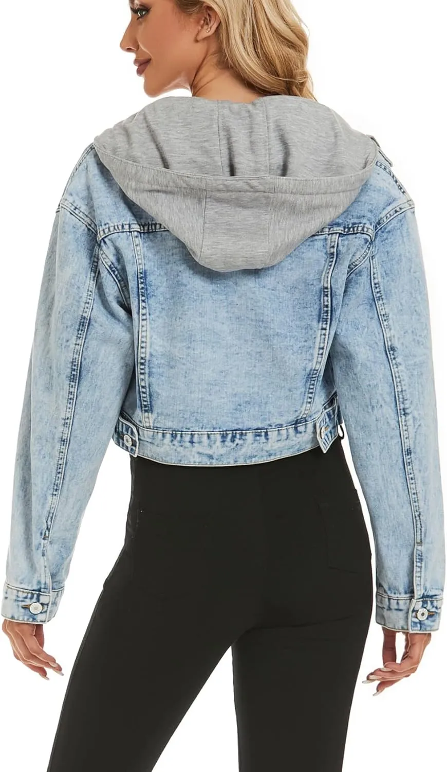 LifeShe Women Croped Denim Jacket Button Down Distressted Jean Jackets with Detachable Hood