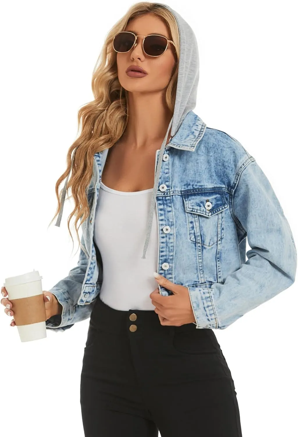 LifeShe Women Croped Denim Jacket Button Down Distressted Jean Jackets with Detachable Hood
