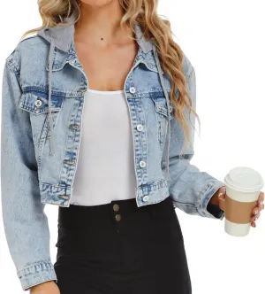 LifeShe Women Croped Denim Jacket Button Down Distressted Jean Jackets with Detachable Hood