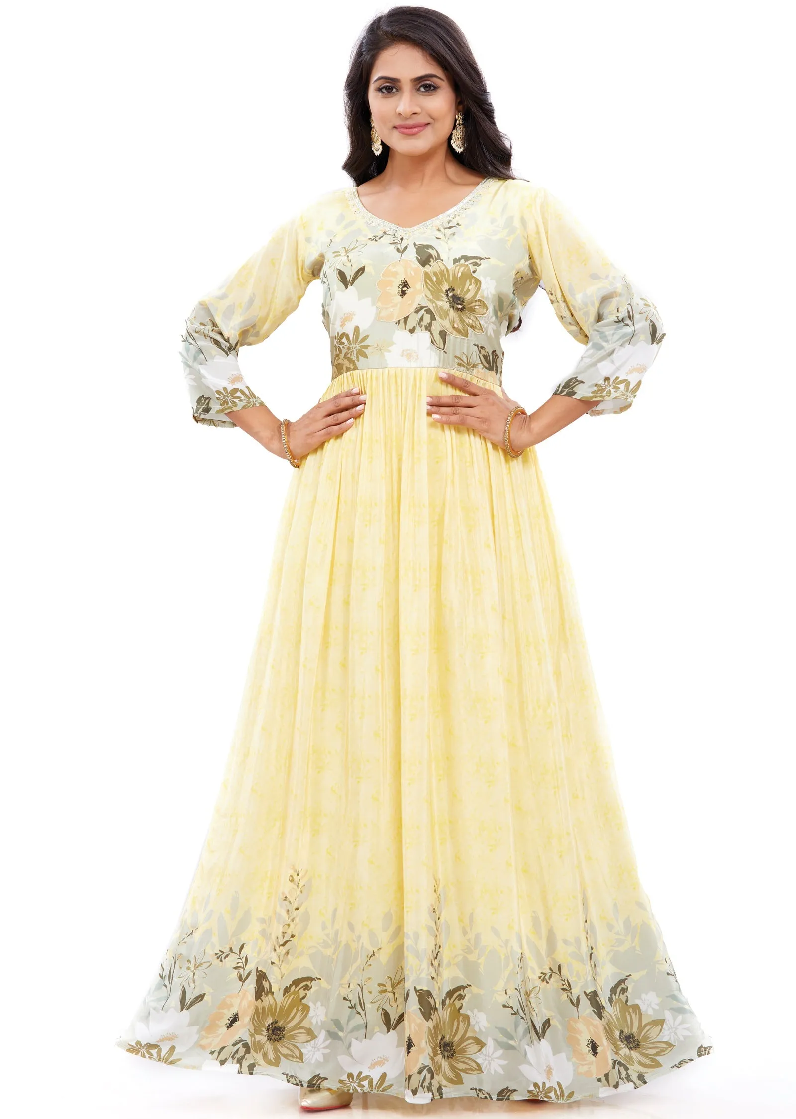 Light Yellow Long Gown Style Kurti with Pearls & Cut Dana