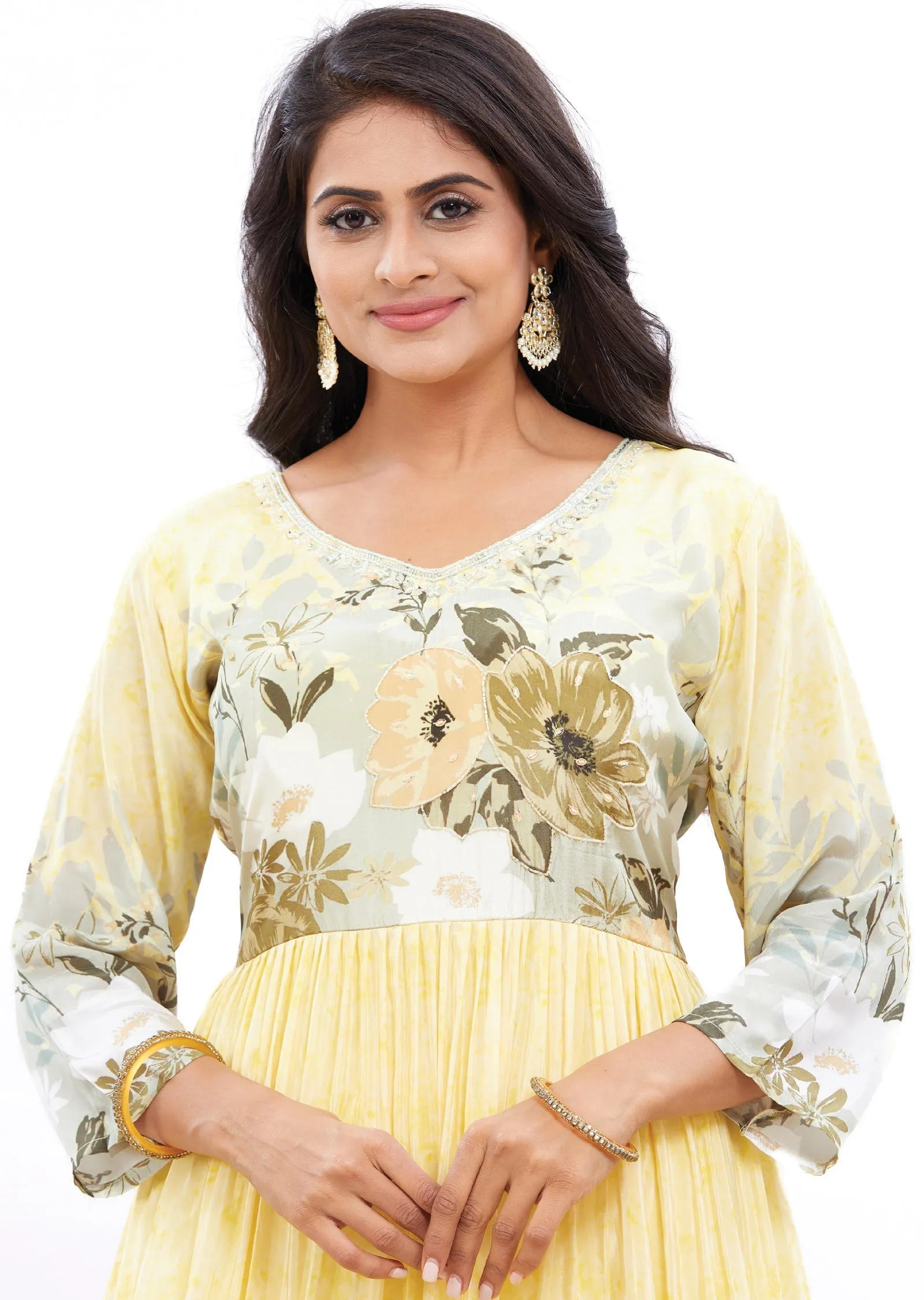 Light Yellow Long Gown Style Kurti with Pearls & Cut Dana