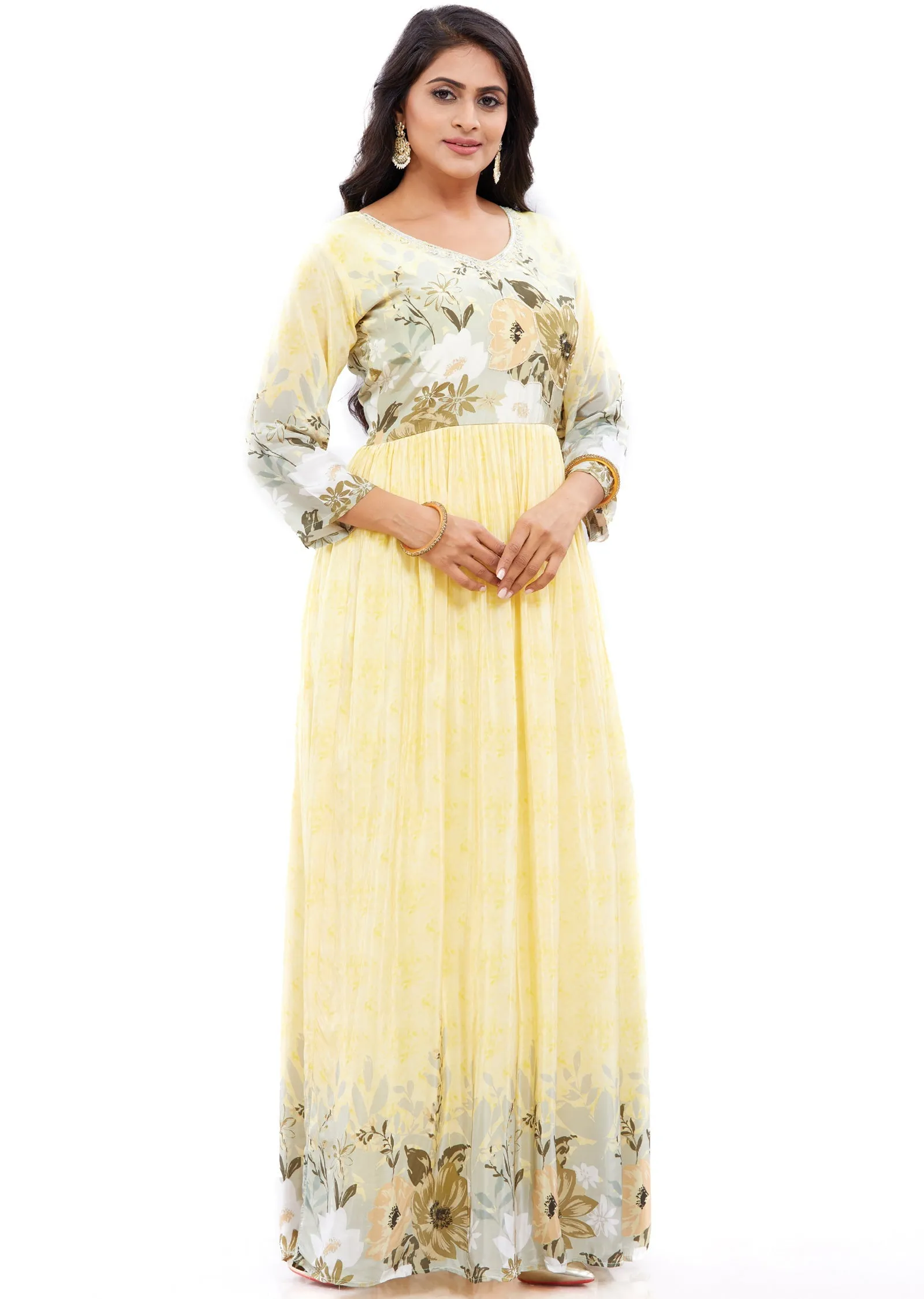 Light Yellow Long Gown Style Kurti with Pearls & Cut Dana