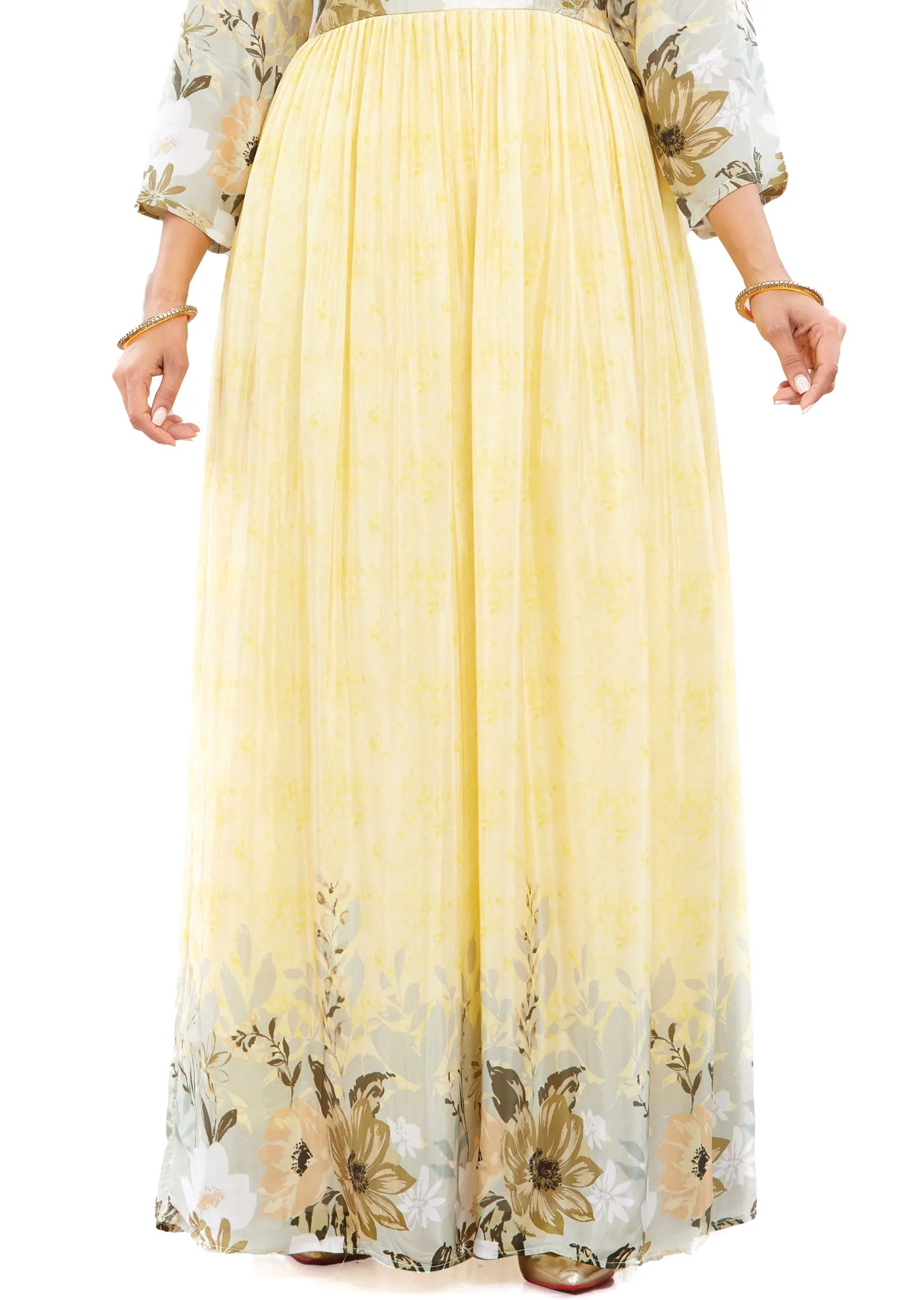 Light Yellow Long Gown Style Kurti with Pearls & Cut Dana