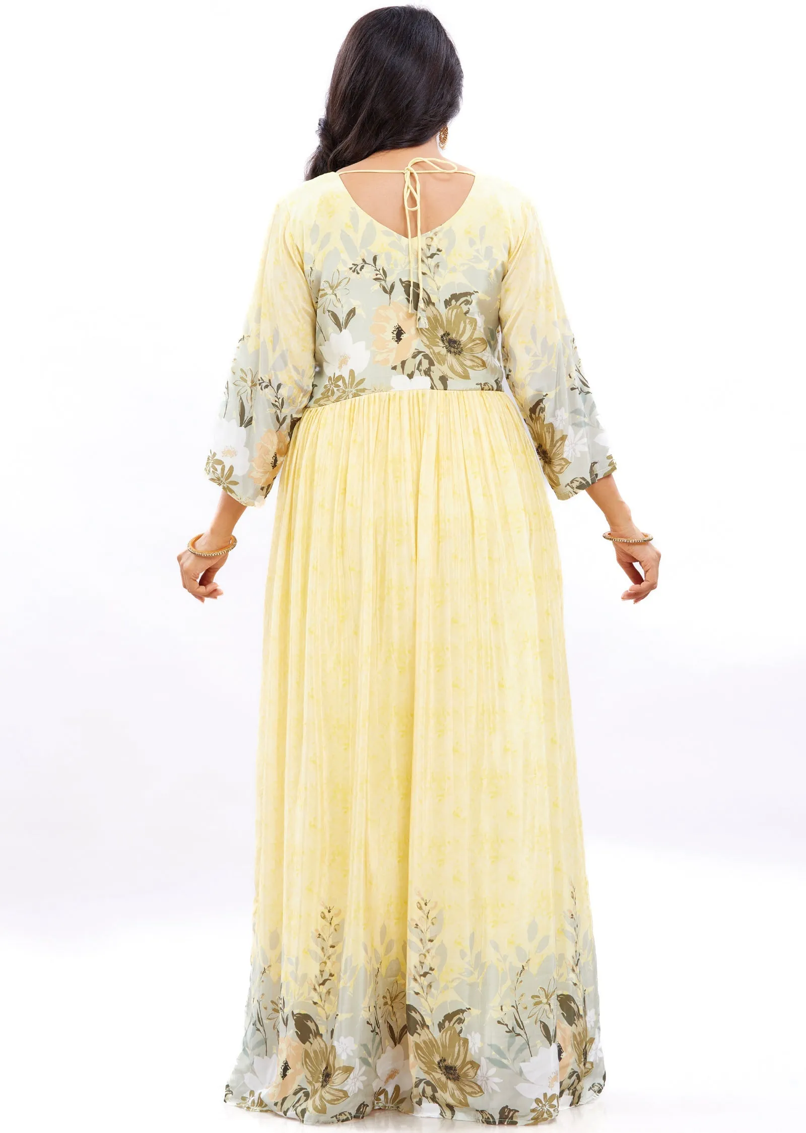 Light Yellow Long Gown Style Kurti with Pearls & Cut Dana