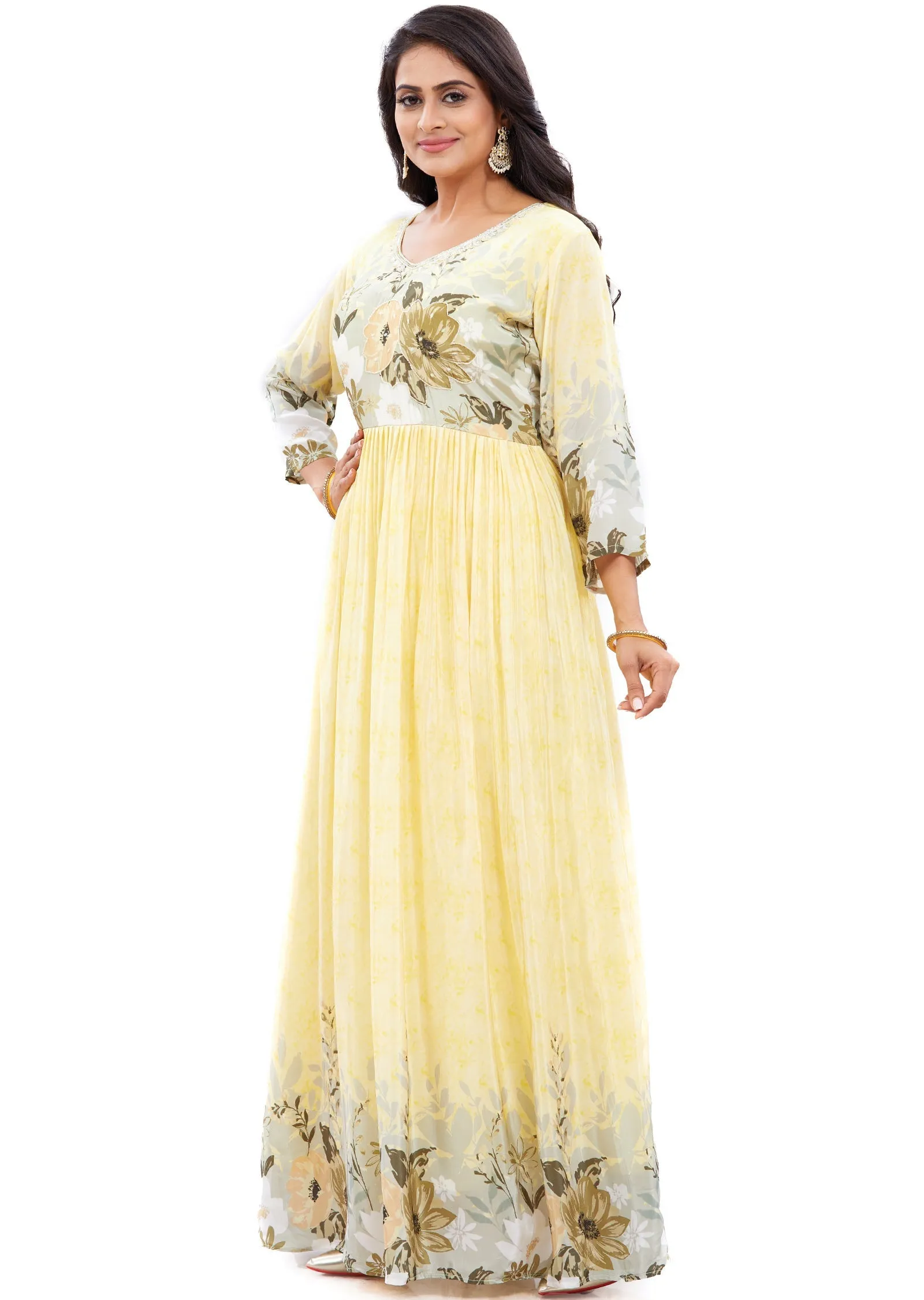 Light Yellow Long Gown Style Kurti with Pearls & Cut Dana