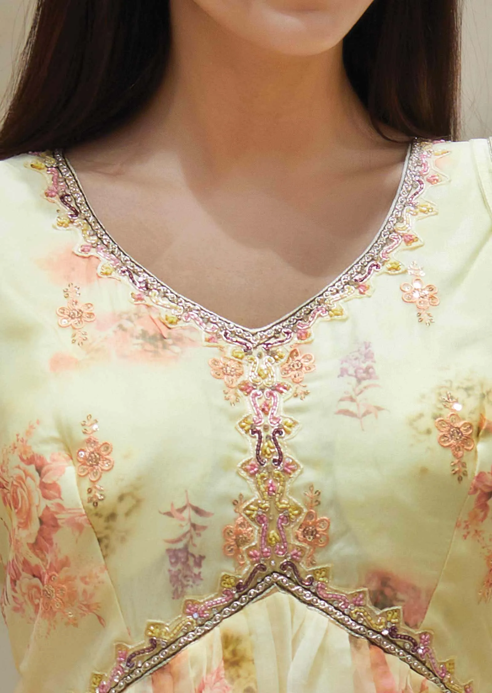 Light Yellow  Organza Zardosi & Embroidered Anarkali