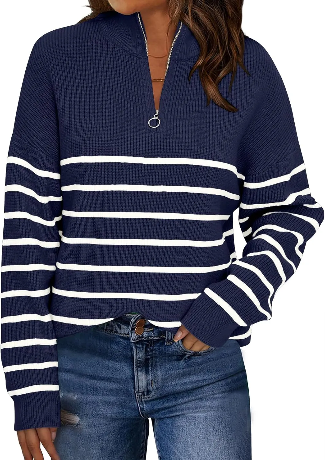 LILLUSORY Women's Quarter Zip Striped Oversized Sweater Mock Turtleneck Pullover Fall Fashion Outfit Winter Trendy Clothes