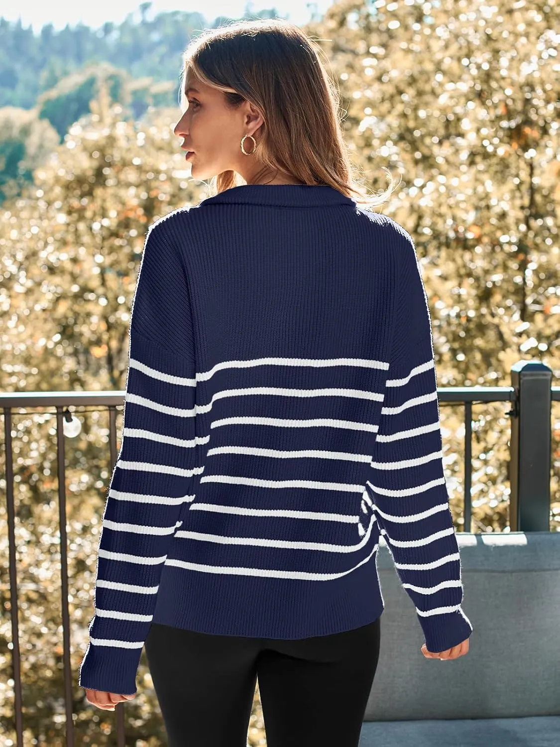 LILLUSORY Women's Quarter Zip Striped Oversized Sweater Mock Turtleneck Pullover Fall Fashion Outfit Winter Trendy Clothes