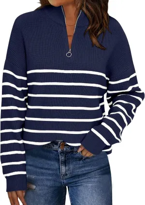 LILLUSORY Women's Quarter Zip Striped Oversized Sweater Mock Turtleneck Pullover Fall Fashion Outfit Winter Trendy Clothes