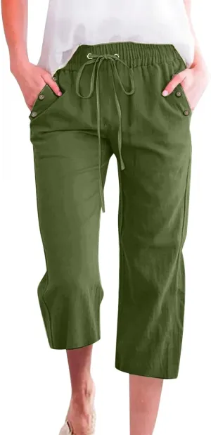 Linen Capri Pants for Women Casual 2025 Summer Drawstring Elastic High Waist Pant Straight Wide Leg Cropped Trouser