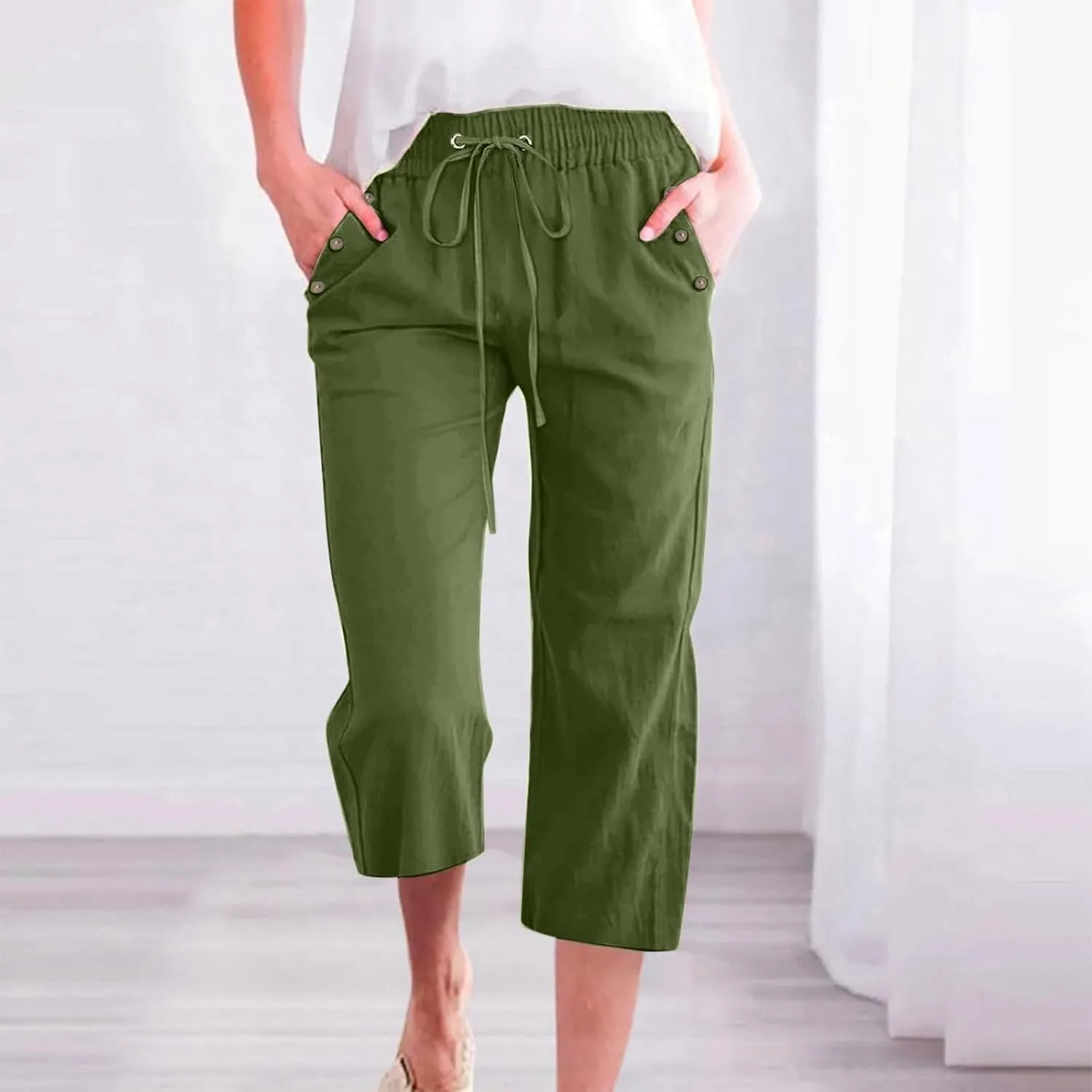 Linen Capri Pants for Women Casual 2025 Summer Drawstring Elastic High Waist Pant Straight Wide Leg Cropped Trouser