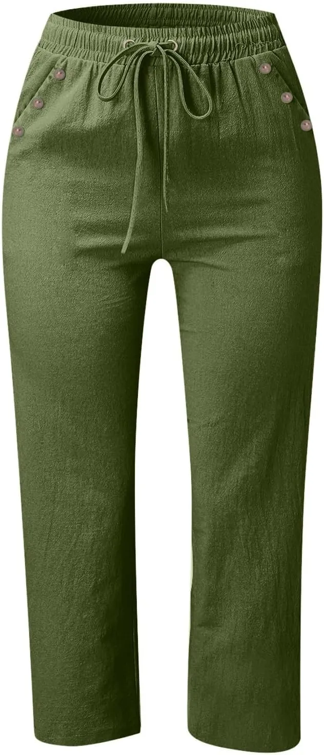 Linen Capri Pants for Women Casual 2025 Summer Drawstring Elastic High Waist Pant Straight Wide Leg Cropped Trouser