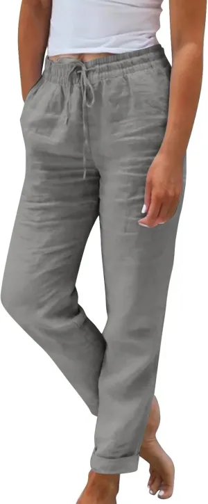 Linen Capri Pants for Women Rolled Hem High Waisted Straight Leg Pants Loose Casual Summer Beach Pant with Pockets