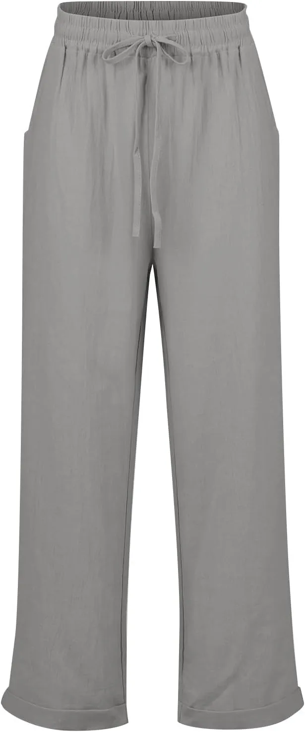 Linen Capri Pants for Women Rolled Hem High Waisted Straight Leg Pants Loose Casual Summer Beach Pant with Pockets