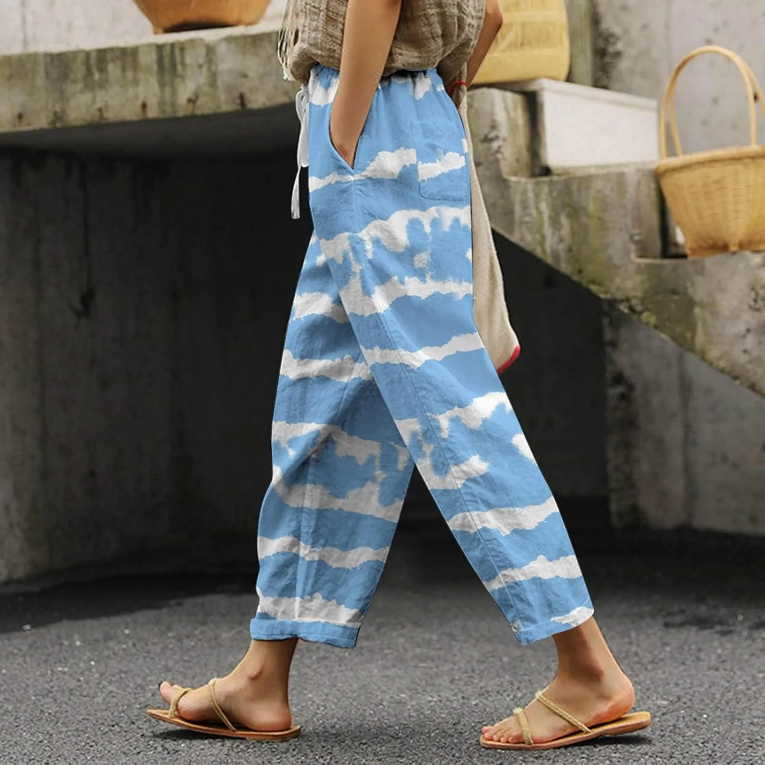 Linen Pants for Women Boho Tapered Pants Loose Fit Drawstring Elastic Waist Pant with Pockets Summer Casual Trousers