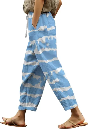 Linen Pants for Women Boho Tapered Pants Loose Fit Drawstring Elastic Waist Pant with Pockets Summer Casual Trousers