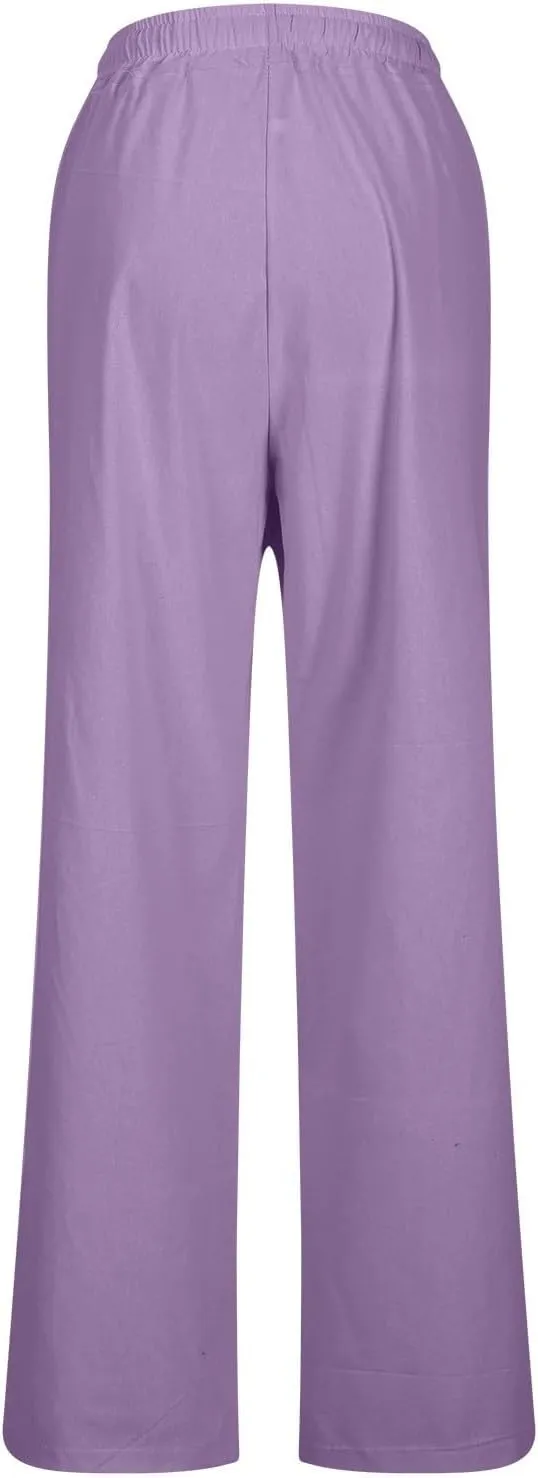 Linen Pants Women 2025 Summer High Waist Elastic Long Pant Straight Leg Lounge Pants Casual Lightweight Trousers