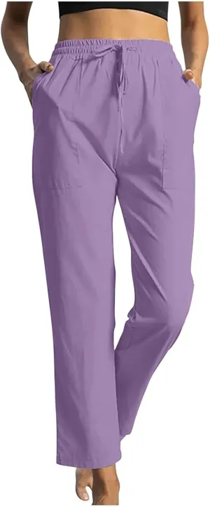 Linen Pants Women 2025 Summer High Waist Elastic Long Pant Straight Leg Lounge Pants Casual Lightweight Trousers
