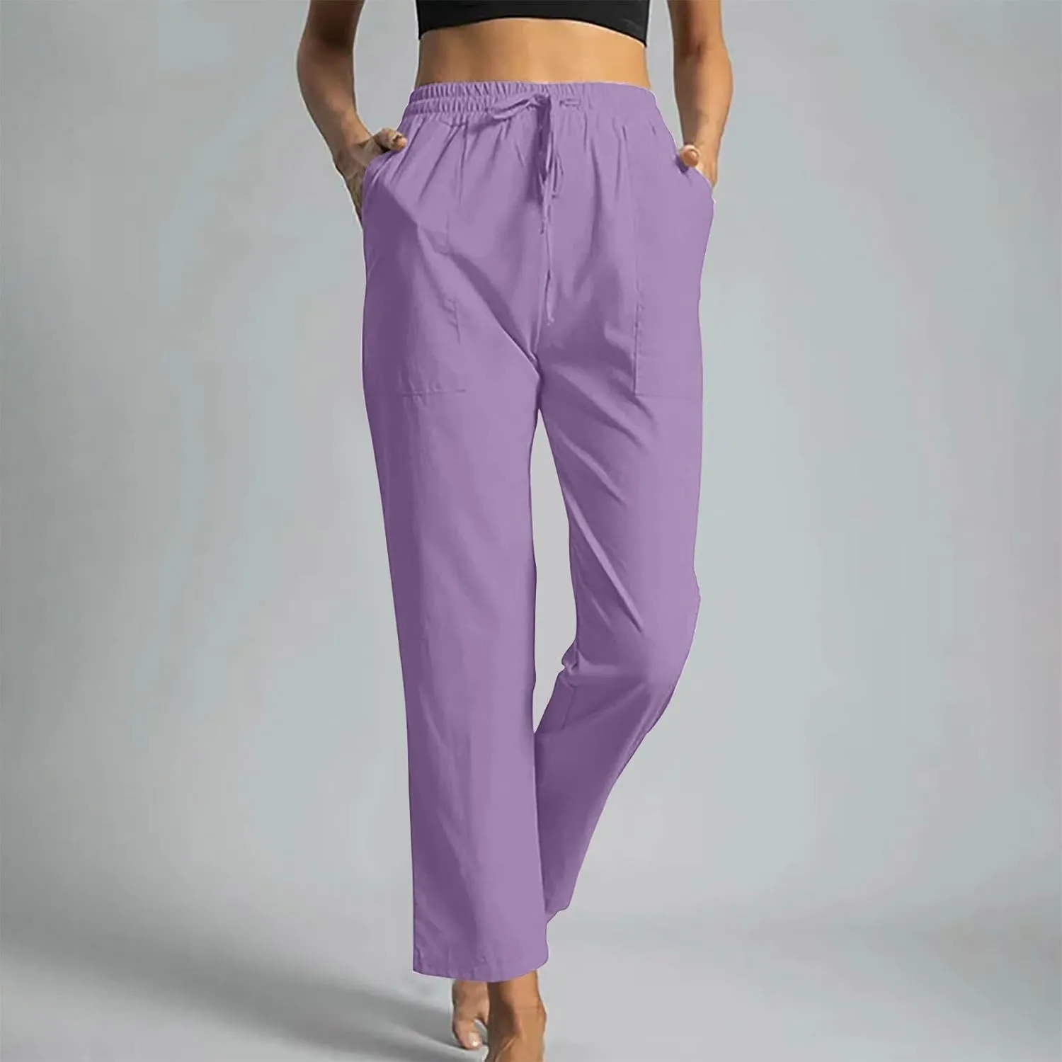 Linen Pants Women 2025 Summer High Waist Elastic Long Pant Straight Leg Lounge Pants Casual Lightweight Trousers