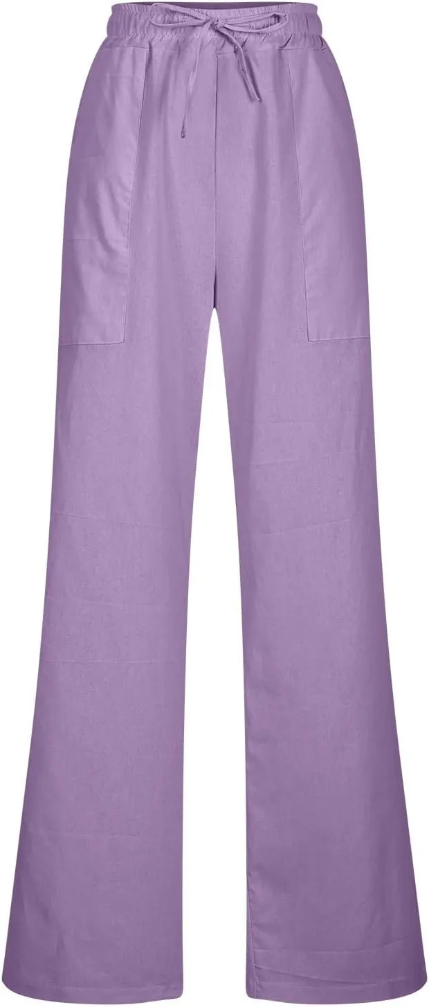 Linen Pants Women 2025 Summer High Waist Elastic Long Pant Straight Leg Lounge Pants Casual Lightweight Trousers