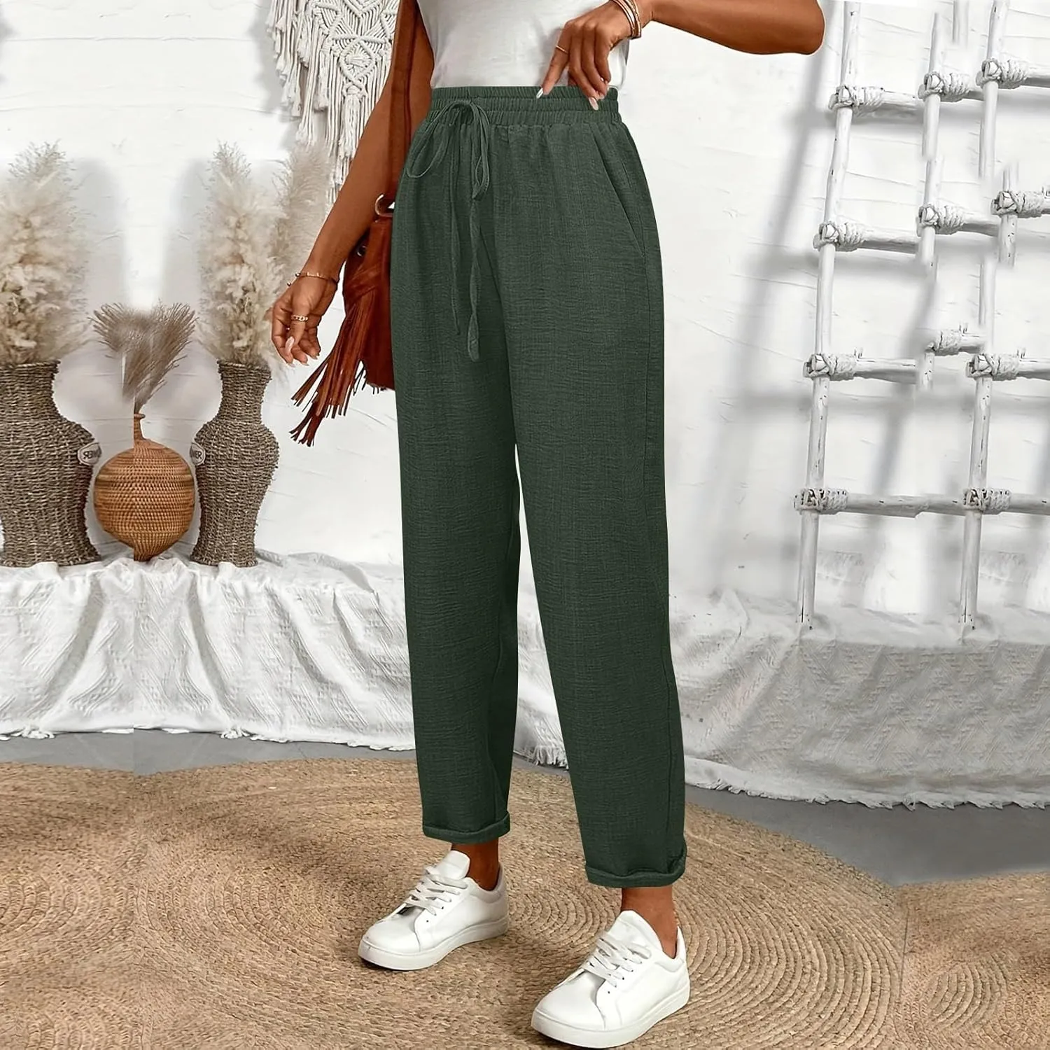 Linen Pants Women Summer Drawstring Elastic High Waisted Pants Tapered Wide Leg Pant Cropped Lounge Pant