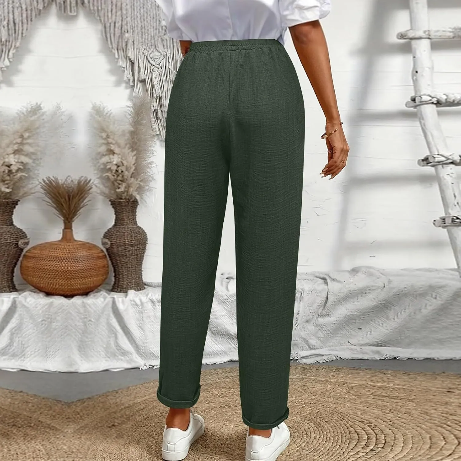 Linen Pants Women Summer Drawstring Elastic High Waisted Pants Tapered Wide Leg Pant Cropped Lounge Pant