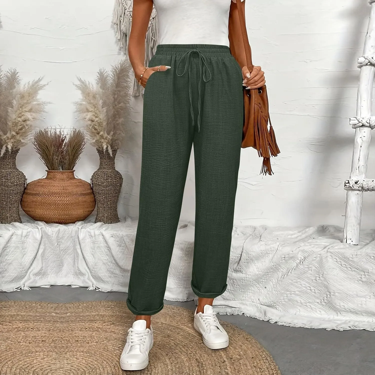Linen Pants Women Summer Drawstring Elastic High Waisted Pants Tapered Wide Leg Pant Cropped Lounge Pant