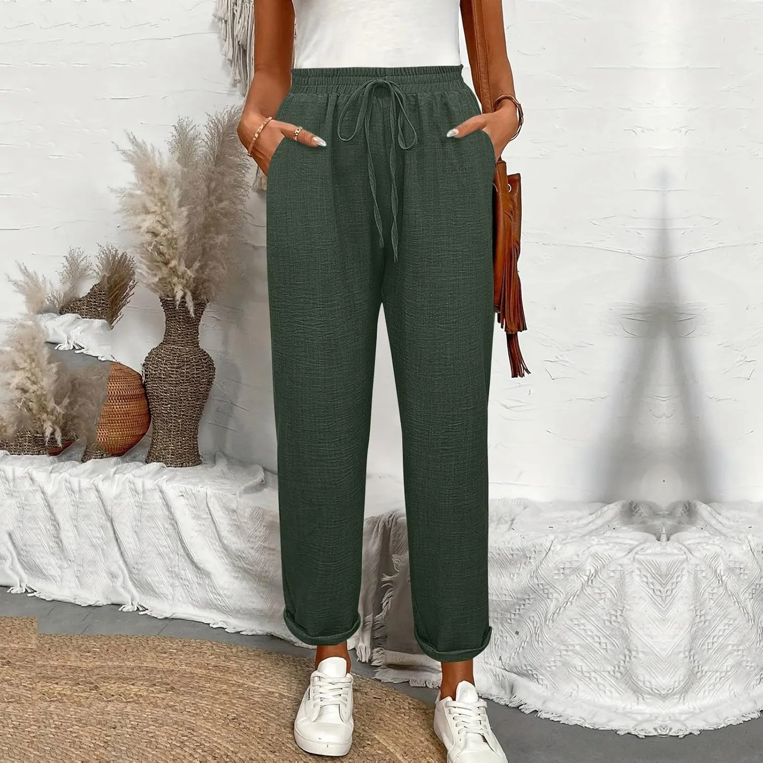 Linen Pants Women Summer Drawstring Elastic High Waisted Pants Tapered Wide Leg Pant Cropped Lounge Pant