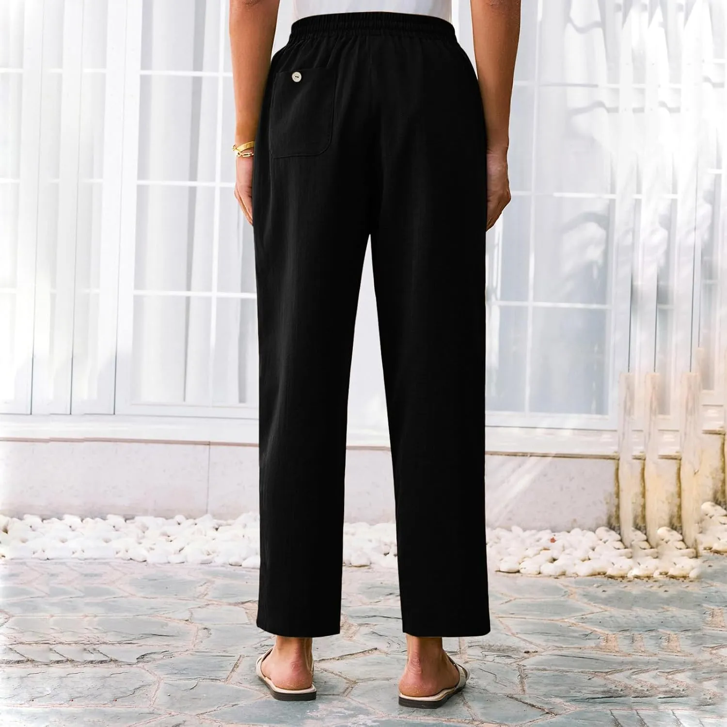 Linen Pants Women Summer,Wide Leg Casual Cotton Linen Pants High Waisted Drawstring Lounge Pants Beach Trousers