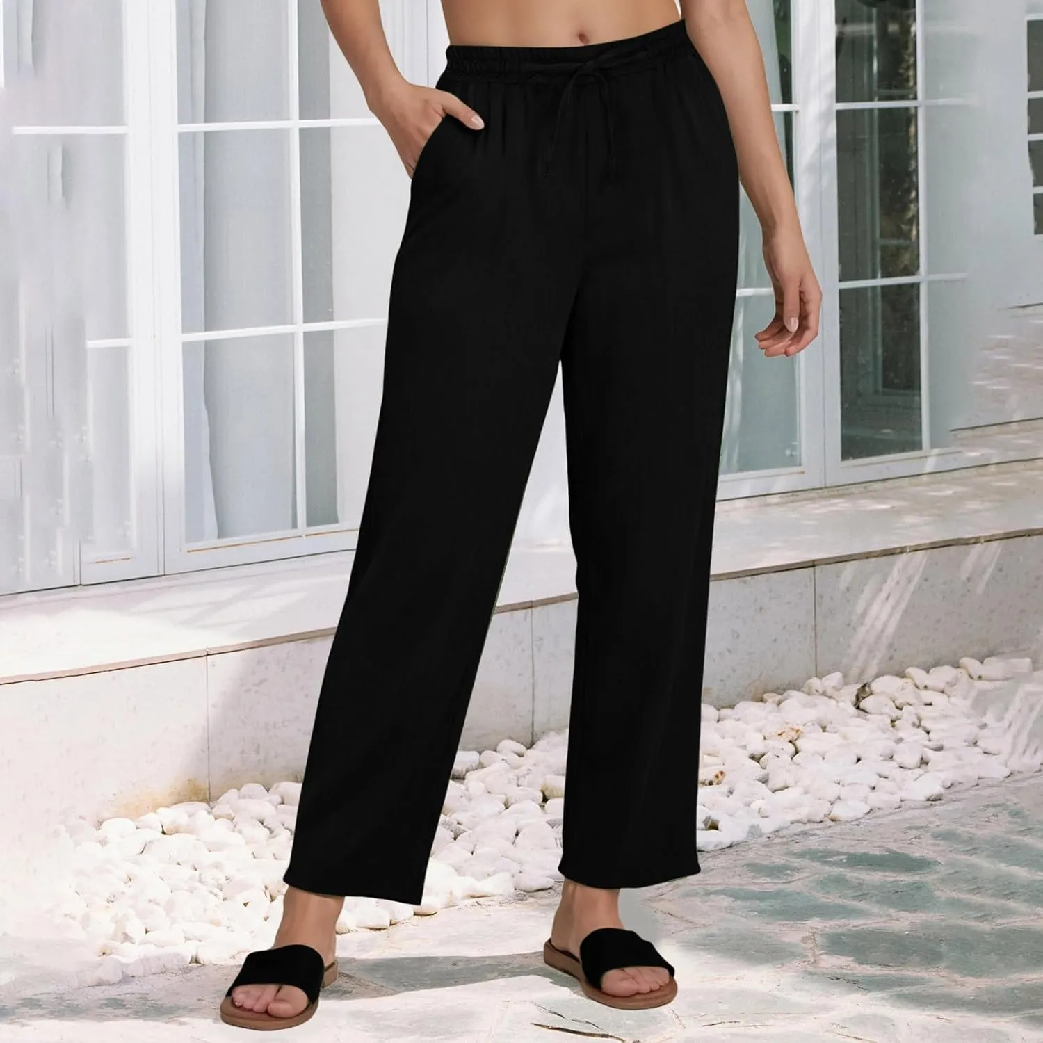 Linen Pants Women Summer,Wide Leg Casual Cotton Linen Pants High Waisted Drawstring Lounge Pants Beach Trousers