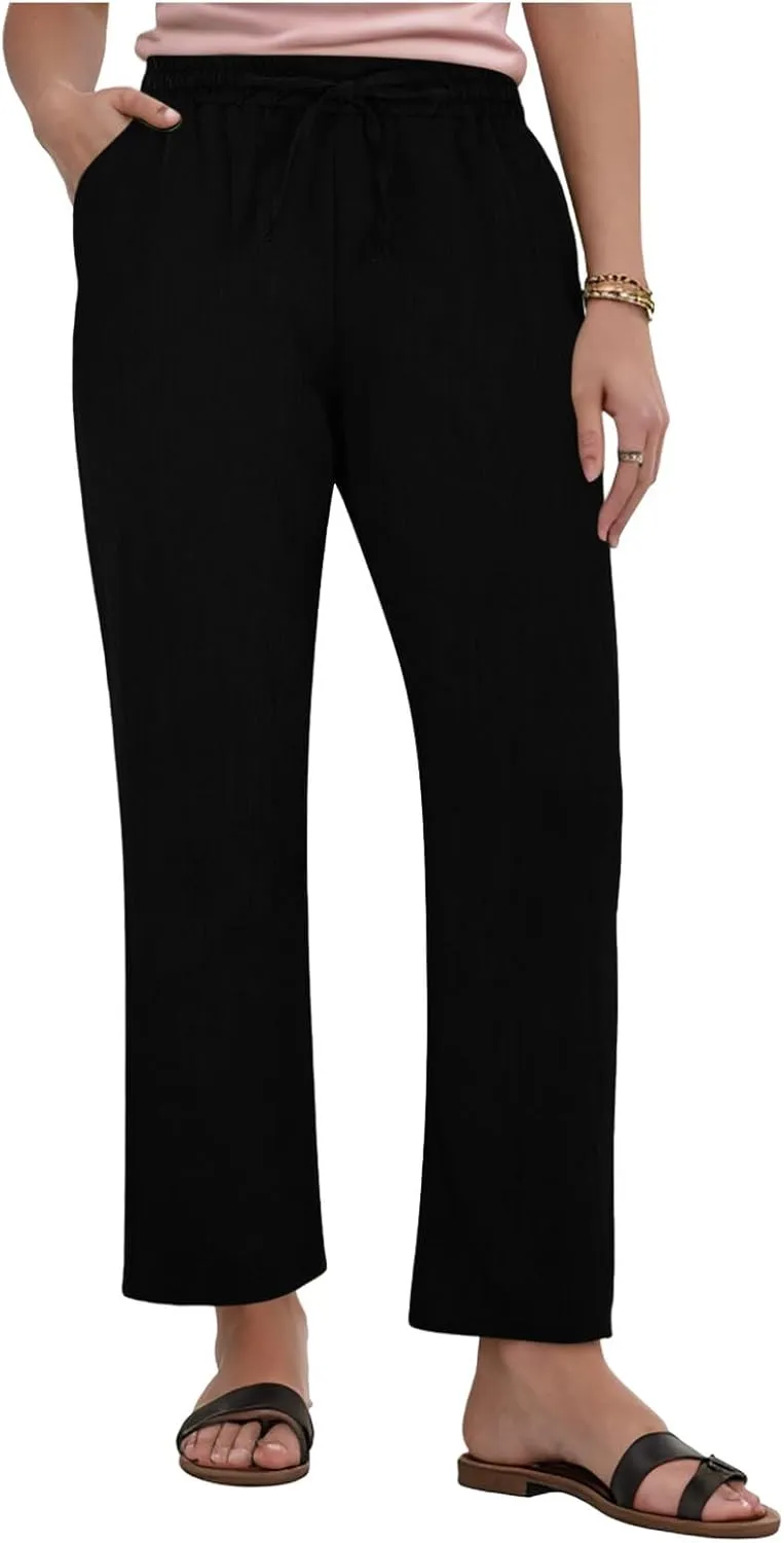Linen Pants Women Summer,Wide Leg Casual Cotton Linen Pants High Waisted Drawstring Lounge Pants Beach Trousers